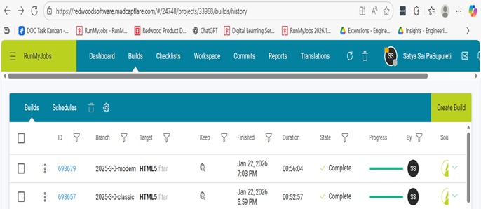 Flare Online build list showing a separate build ID for each published version