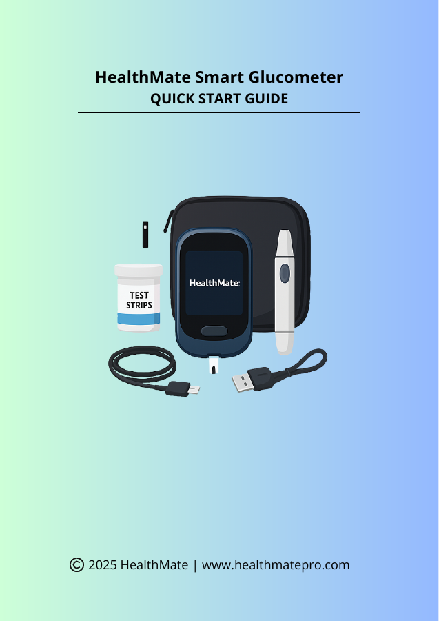 Cover page of the HealthMate smart glucometer quick start guide